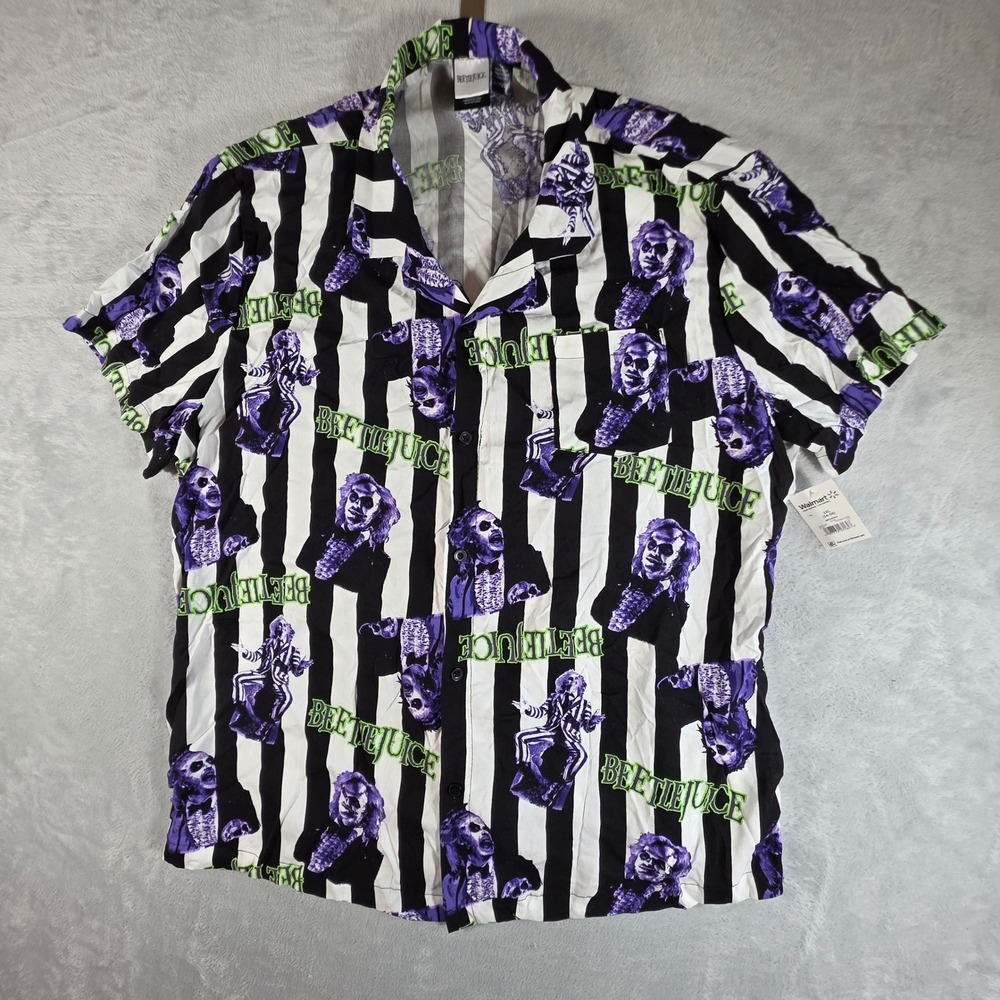 New Beetlejuice Mens Stripe Button Down‎ Rayon Shirt Size 3XL Short Sleeve